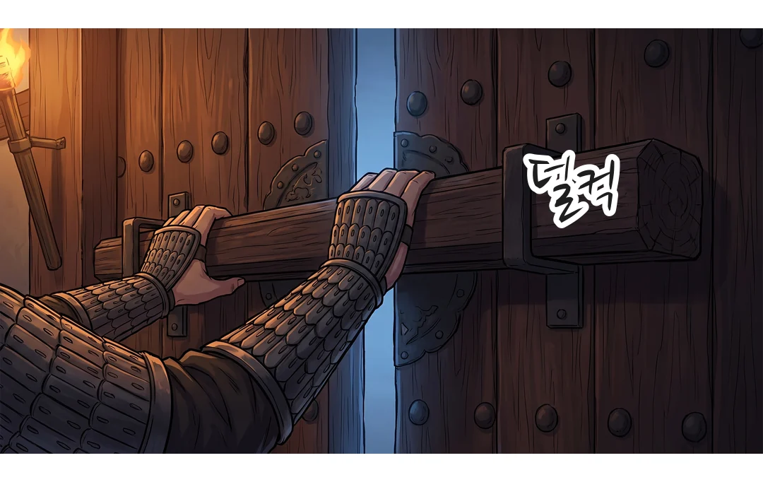 가로목이 들리고 닫힌 문이 열린다. — 덜컥