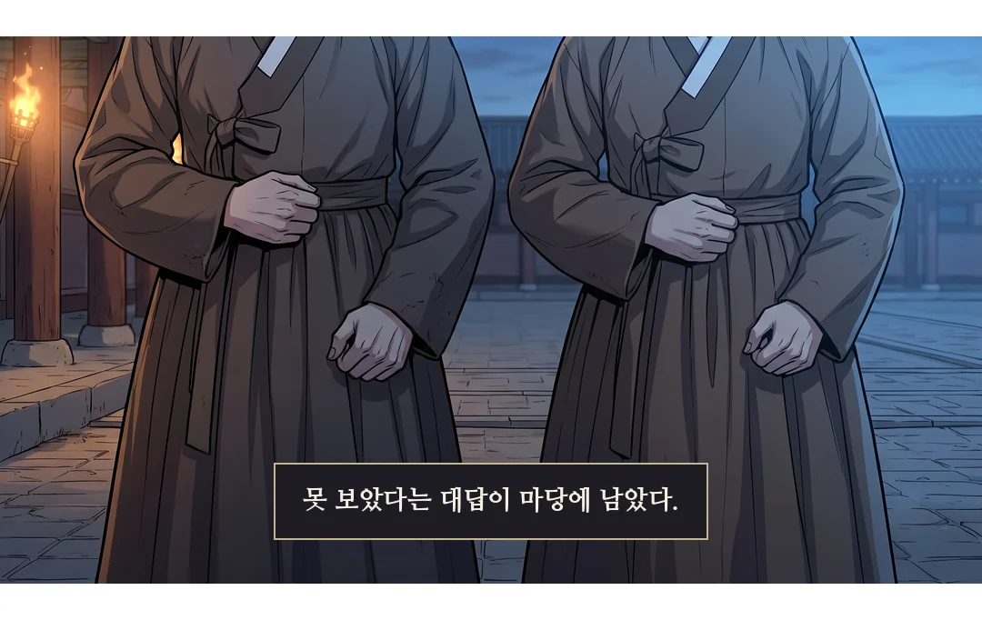 마당의 궁인들도 그 대답을 듣는다. — 못 보았다는 대답이 마당에 남았다.
