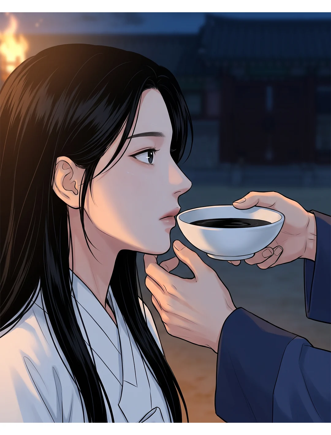 닫힌 입술 바로 앞. 잔은 차 있지만 아직 마시지 않았다.