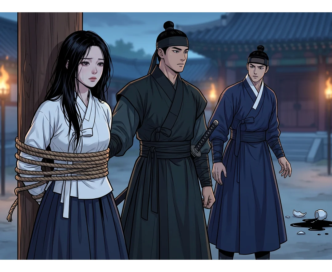 무영이 연화 앞을 막는다. 도윤은 빈손으로 물러난다.