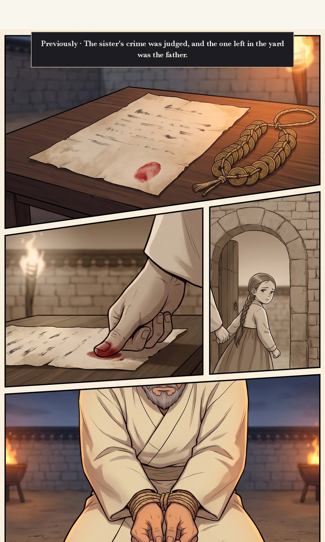 Teaser — the deed of sale and thirty nyang. — Previously · Her sister's crime settled, what was left in the yard was her father. He had taken thirty nyang and sold his daughter.