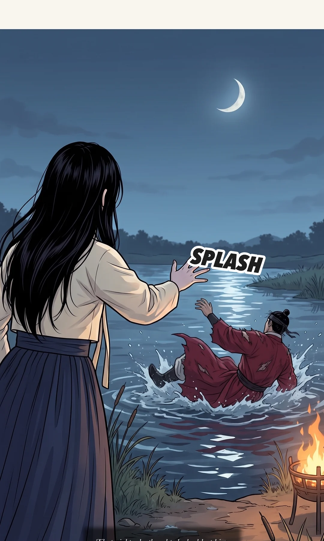 Teaser — the water's edge that night (memory). — a splash That night, I thought I had lost him.