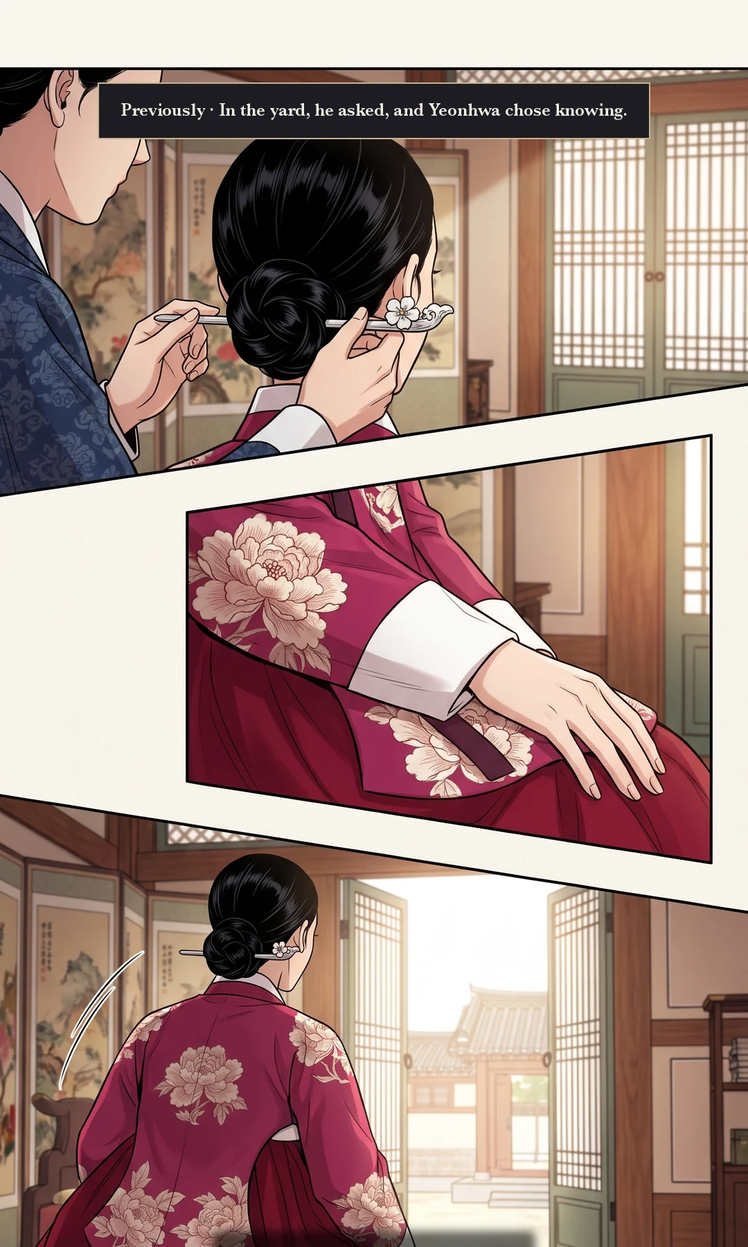 Teaser — hands setting a hairpin. — Previously · In the yard he asked, and Yeonhwa chose knowing. That day, a queen stood in the palace.