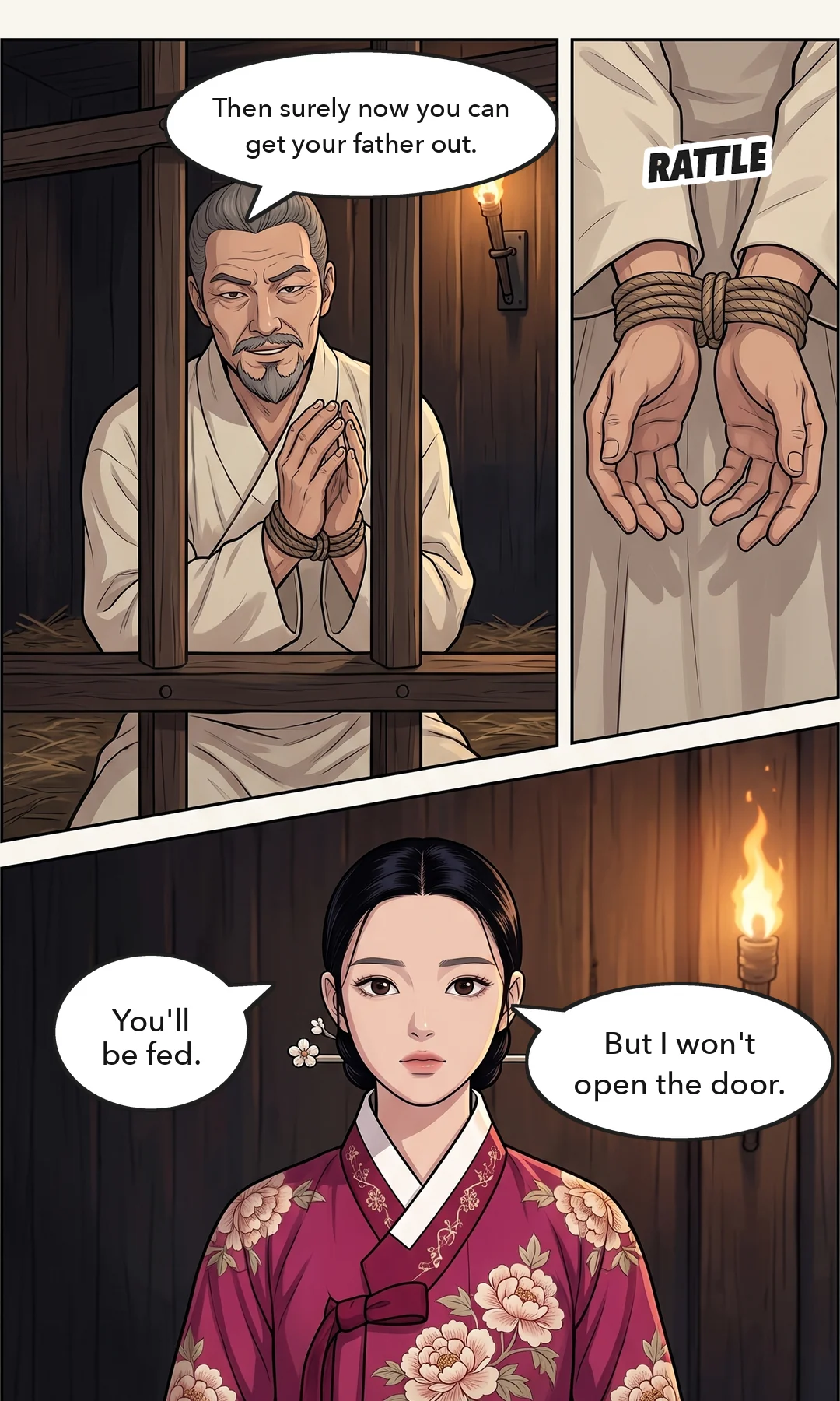 A lamp in the doorway. — knock knock Head court lady: "Chaeryeong, from the post station, asks to see Her Majesty." The last one left had come to the door.