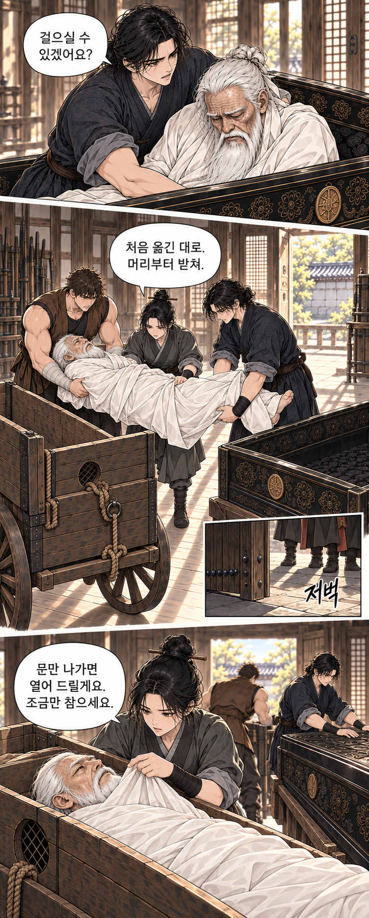 마교협객 1화 장면 P18. 대사: 더 있는데요. 아흔 냥. 우리가 일한 것만.