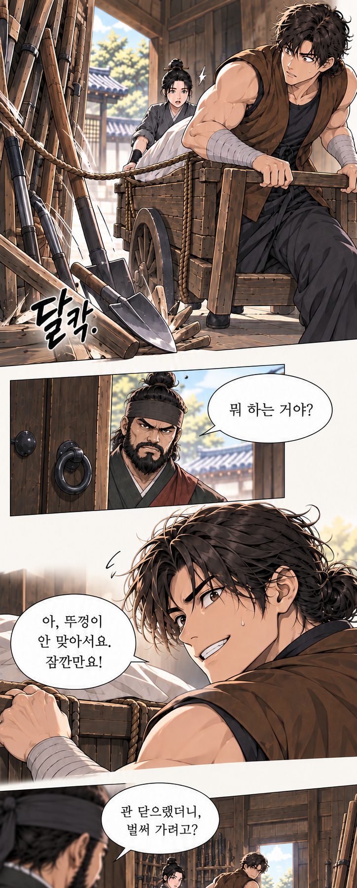 마교협객 1화 장면 P19. 대사: 끝났어? 네. 저희 상자 가져갑니다.