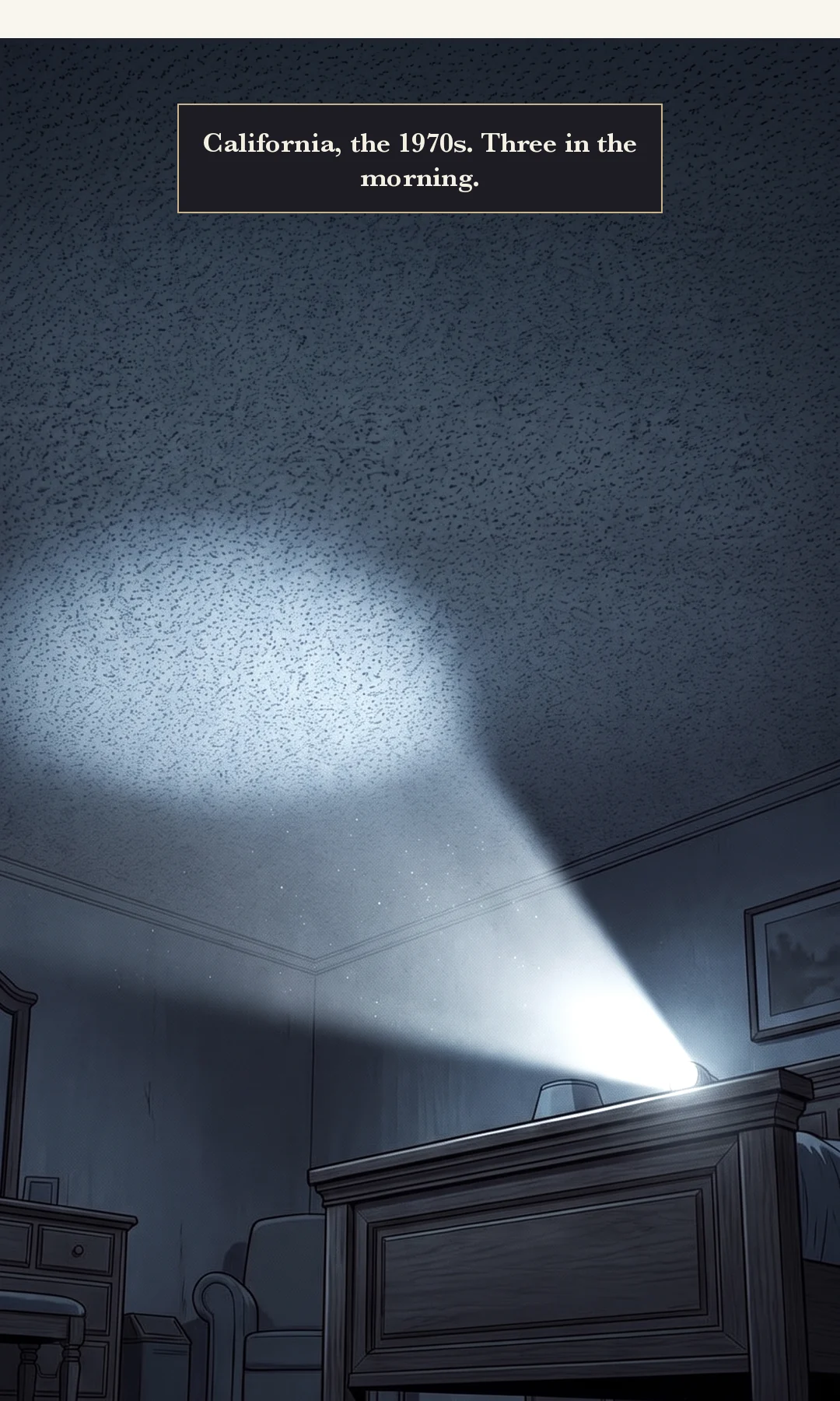On the bed, a plate is set on a man's back. His face is out of frame. / Before dawn, footsteps fade away past an open window. — He tied the couple up and stacked plates on the husband's back.