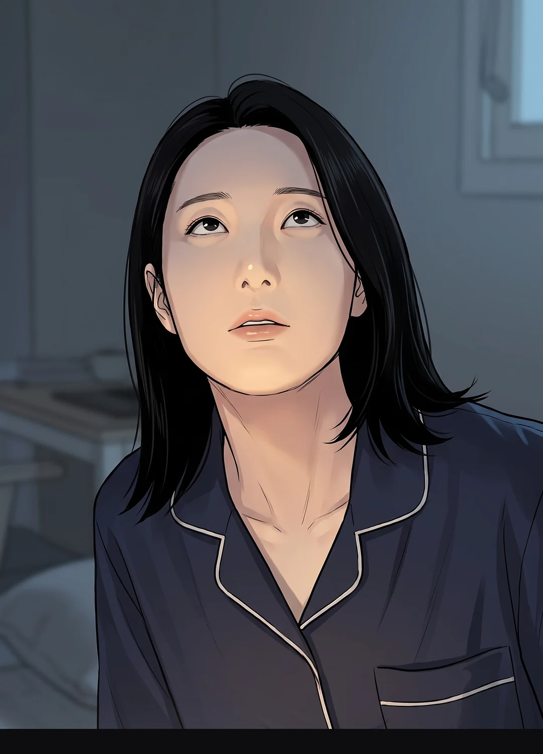 침대 끝에 앉아 천장을 올려다본다.