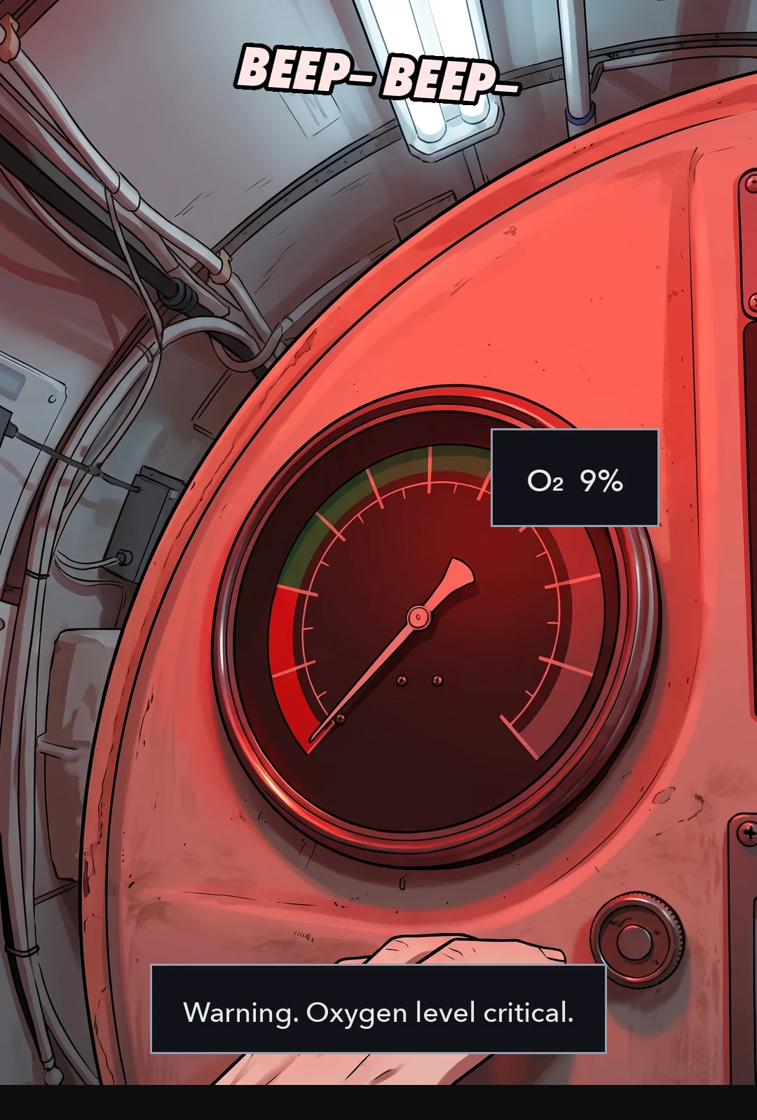 A red warning light and the oxygen gauge. O₂ 9%. "Warning. Oxygen level critical."