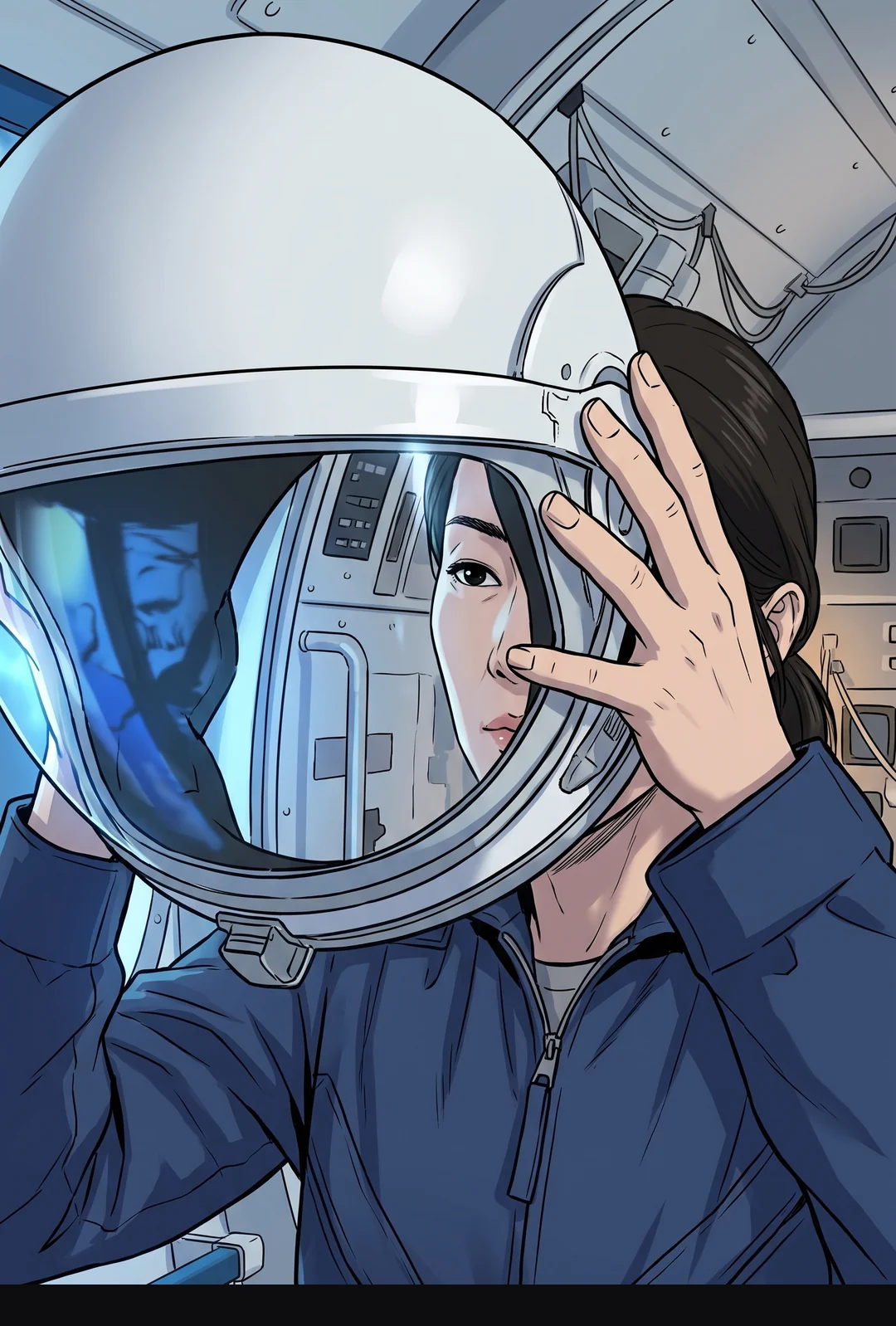 Hanbyeol takes off her helmet.