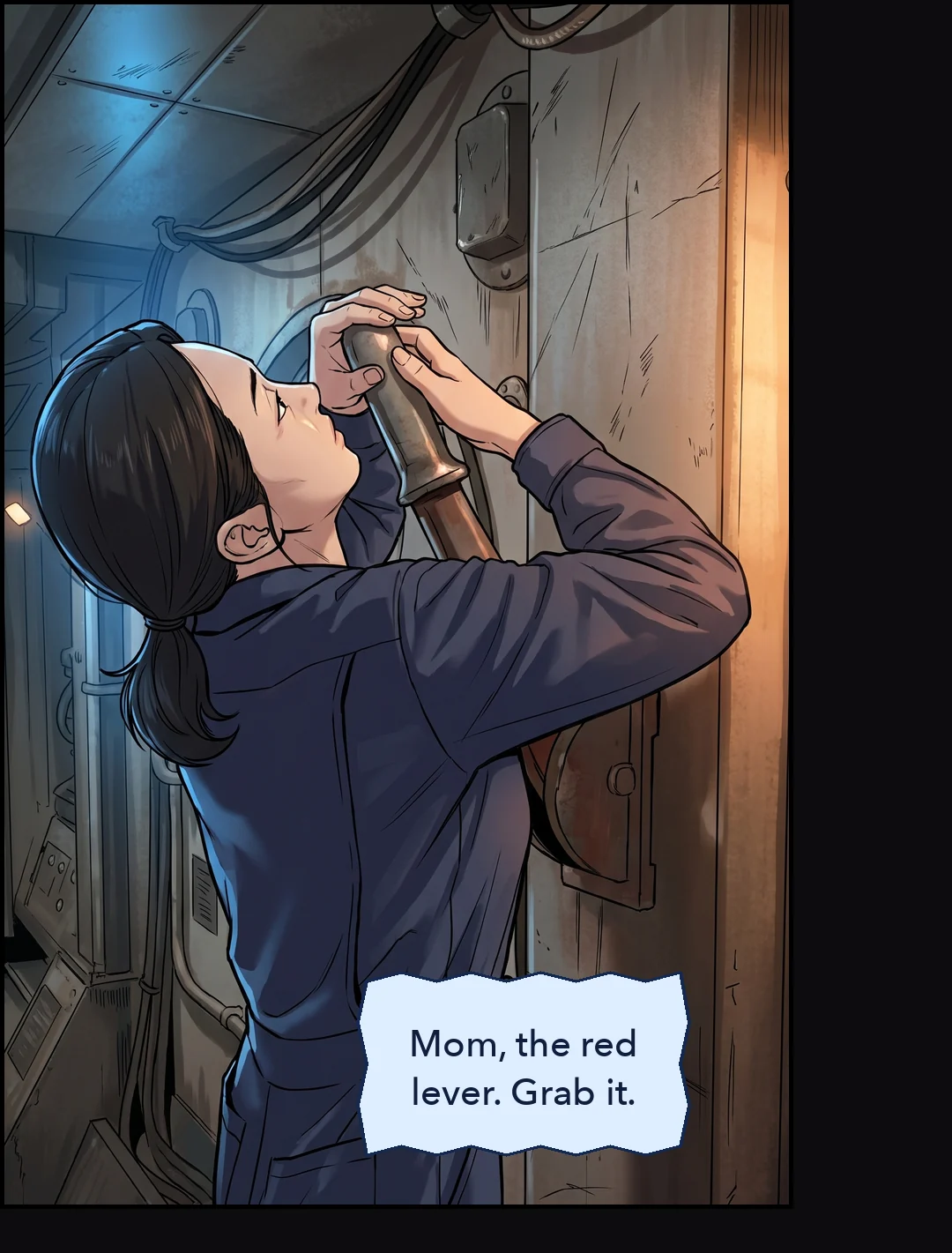 She takes hold of the red lever.