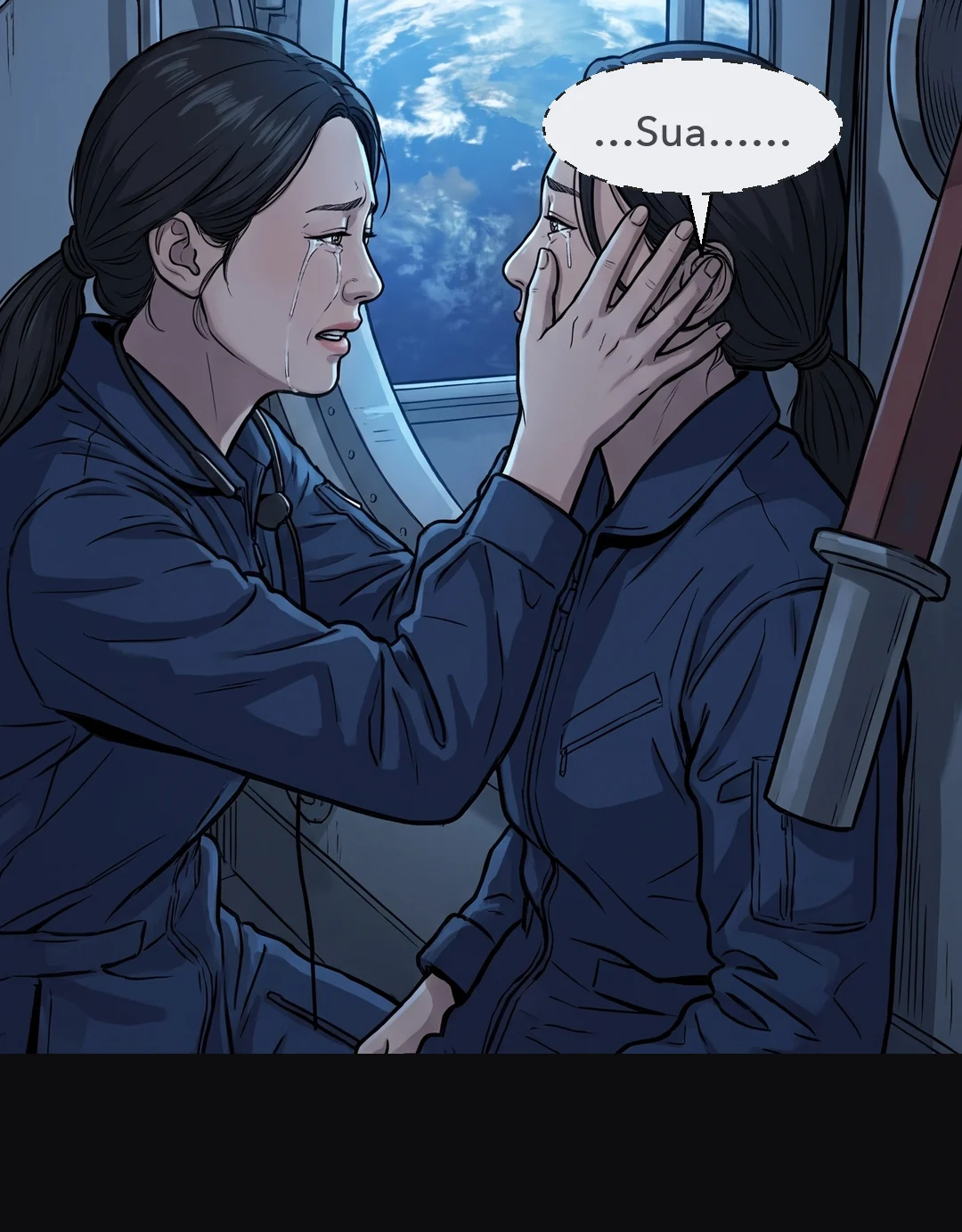 The two of them holding each other.