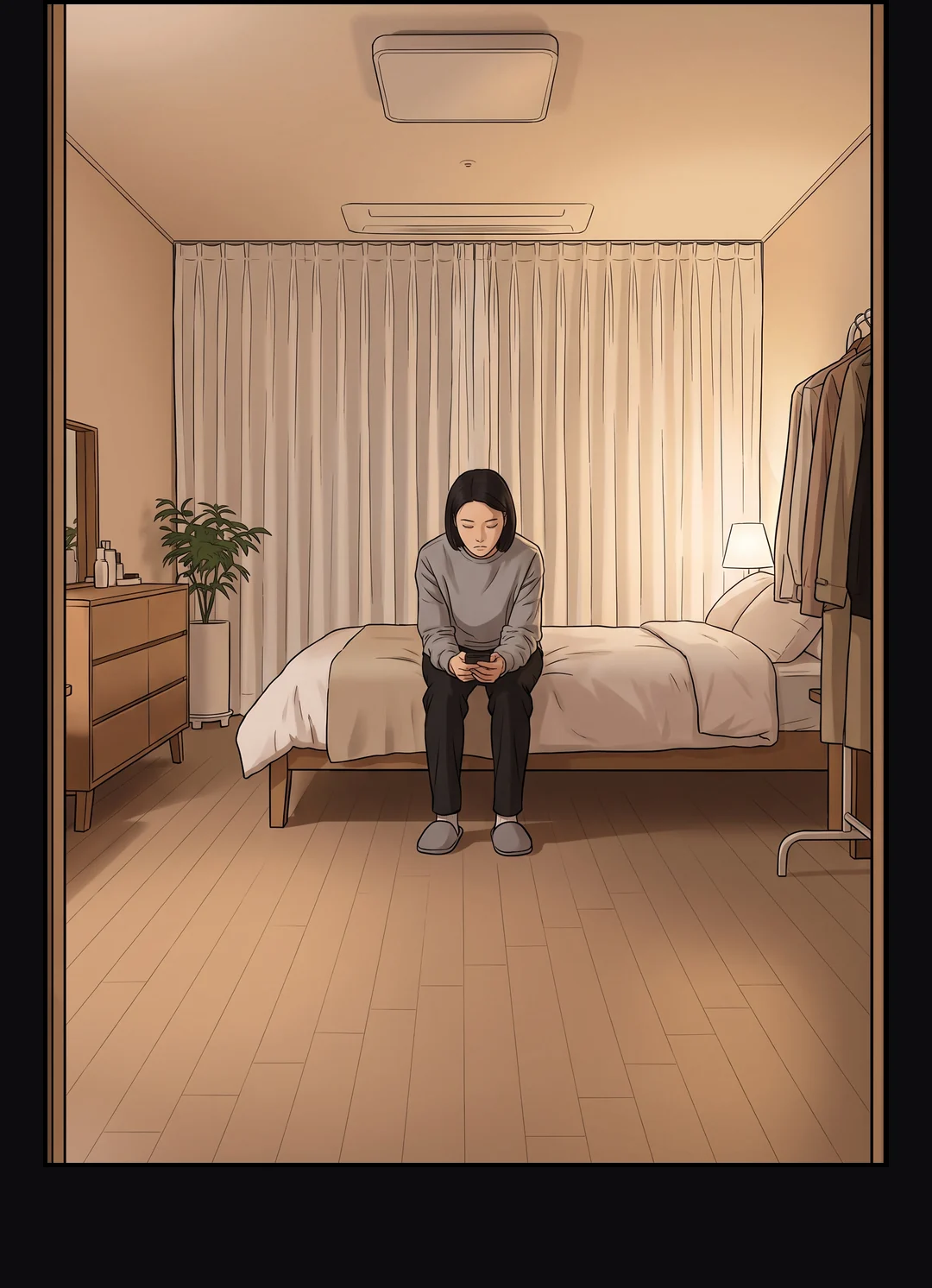 현관에서 본 원룸 — 마루 끝 침대에 앉아 휴대폰을 보는 지안, 침대 밑은 비어 있고 어둡다.