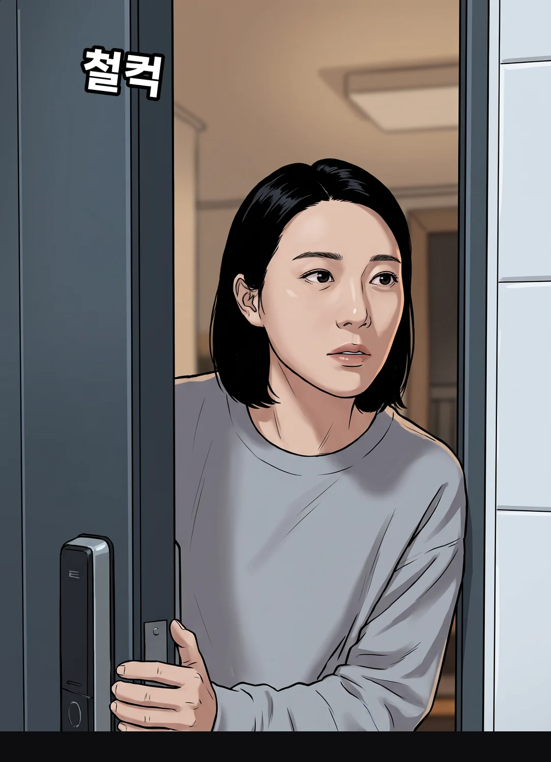 문을 한 뼘 열고 내다보는 지안.