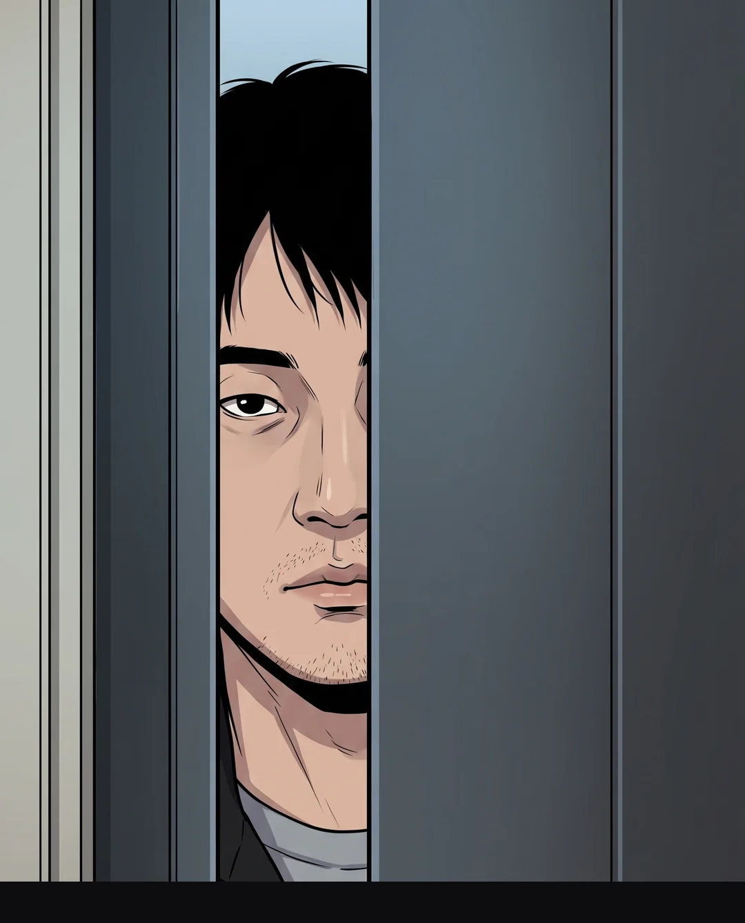 문틈 속 배달원의 반쪽 얼굴, 그녀가 아니라 그녀 뒤를 본다.