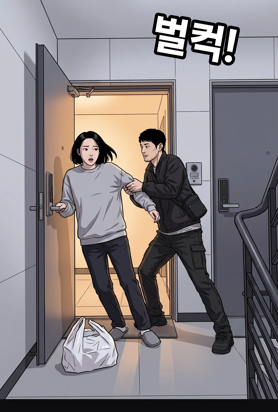 문을 열어젖히고 지안을 끌어내는 배달원.