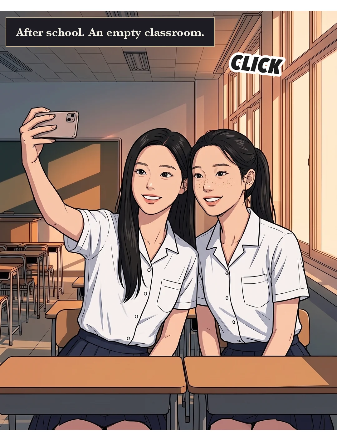 Yena holds up her phone and takes a first selfie with Boram. One shutter — after school, an empty classroom. / click