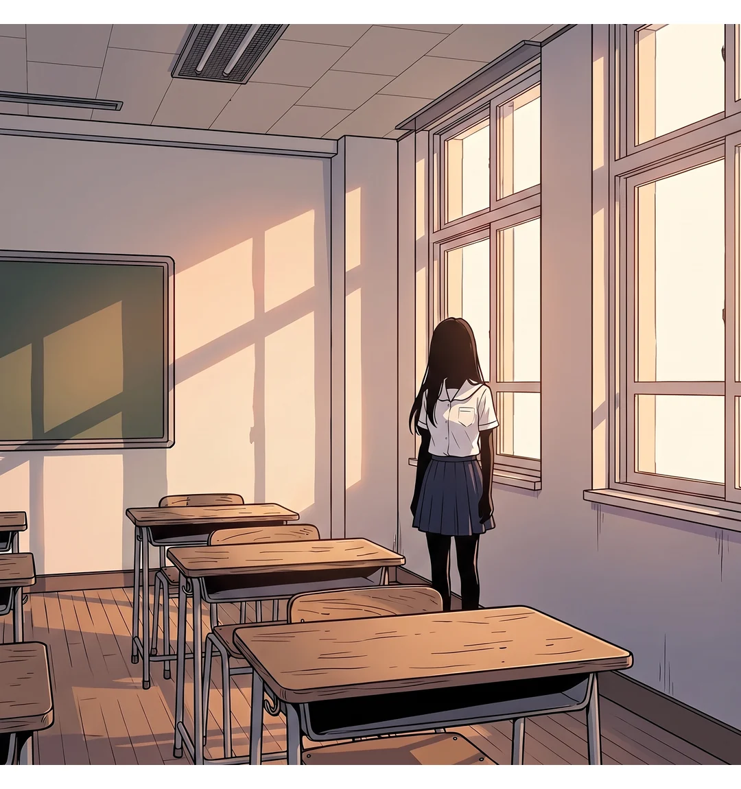 Photo ① enlarged — the figure by the far window. A white short-sleeved uniform shirt and long straight hair; the face cannot be identified.