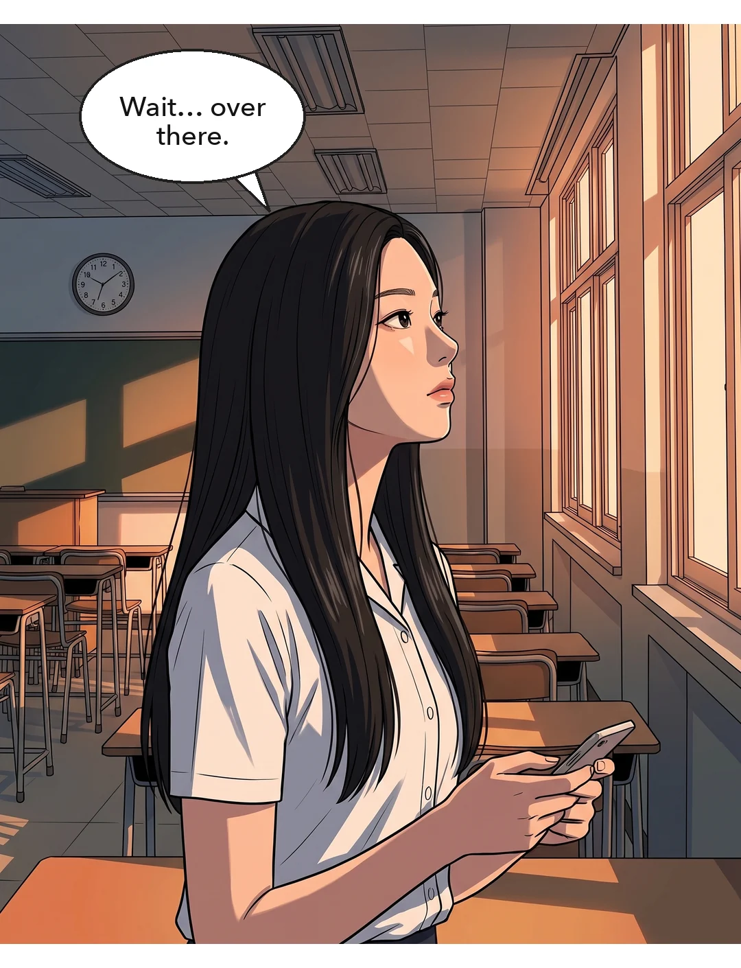 Yena lifts her head and looks at the window — Yena: "Wait… over there."