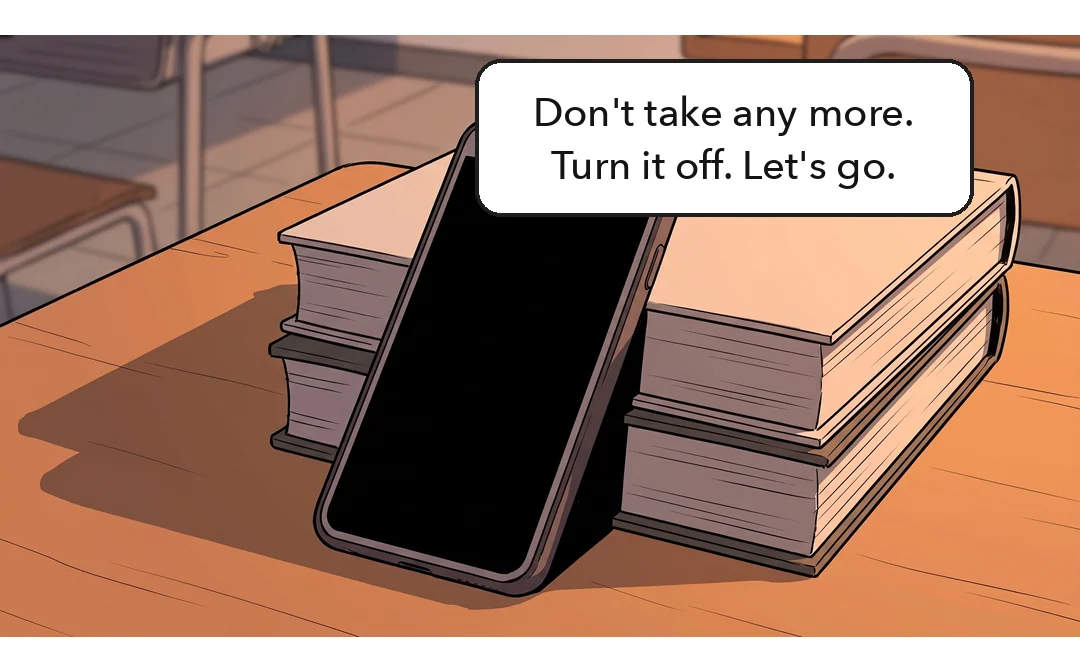 At Boram's word she locks the phone and props it against a book. The two of them start to leave the classroom. — Boram: "Don't take any more. Turn it off. Let's go."