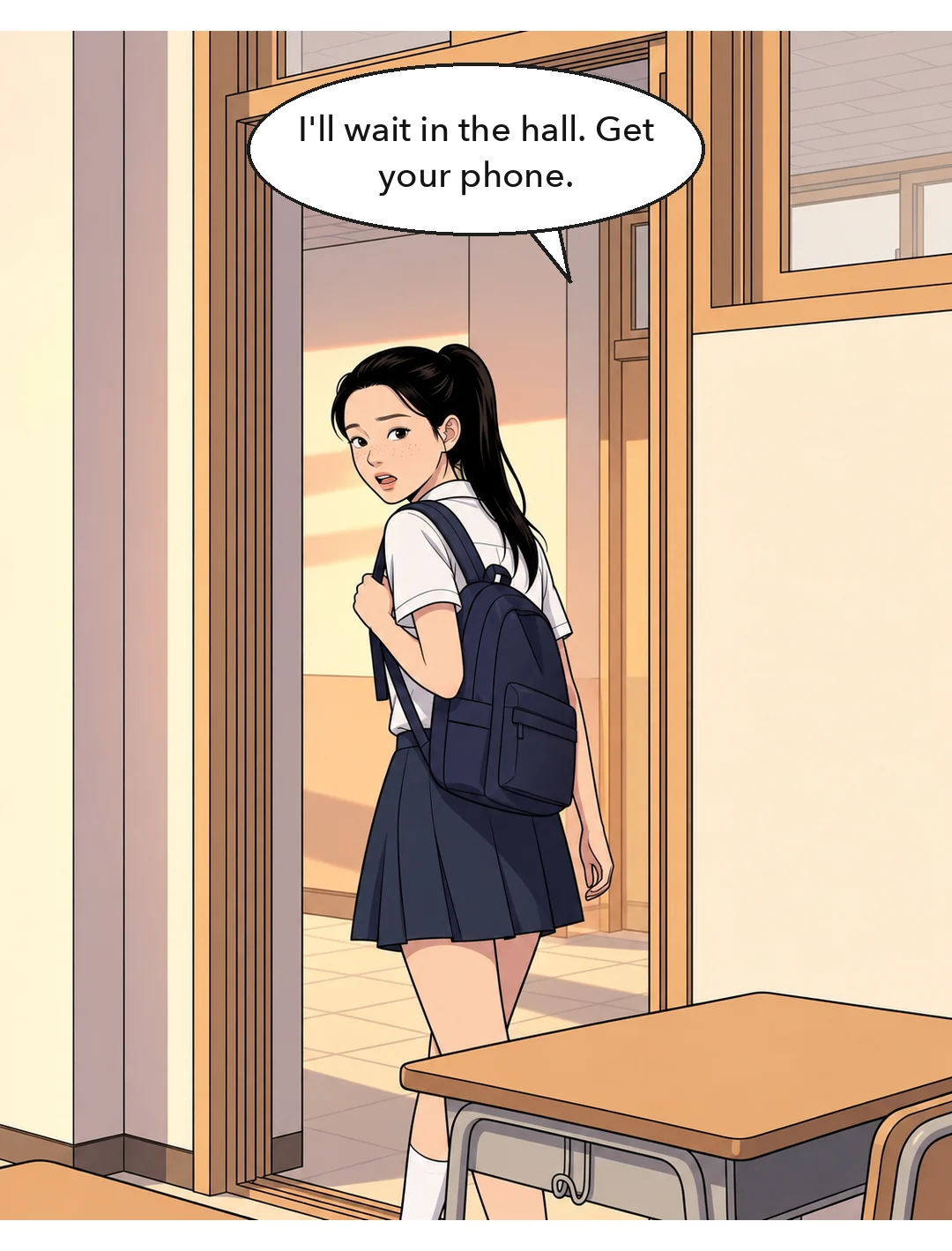 Boram, her bag already on, steps into the corridor and looks back at Yena. — Boram: "I'll wait in the hall. Get your phone."