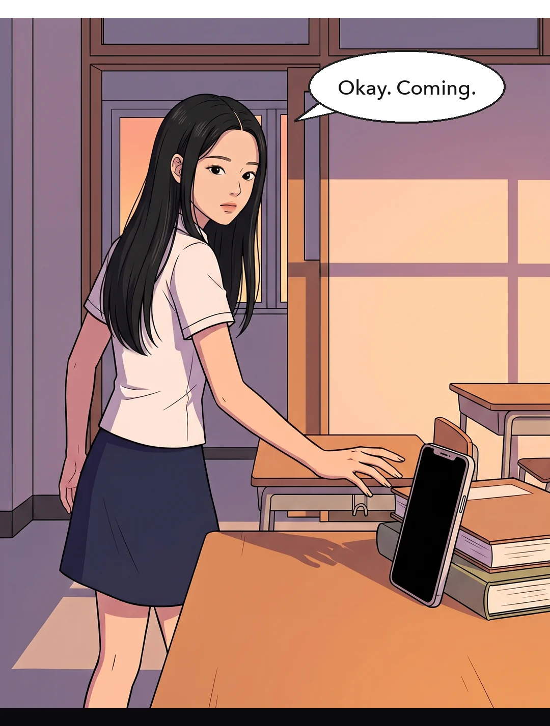 Yena stands to go too, reaching for the phone propped against the book. — Yena: "Okay. Coming."