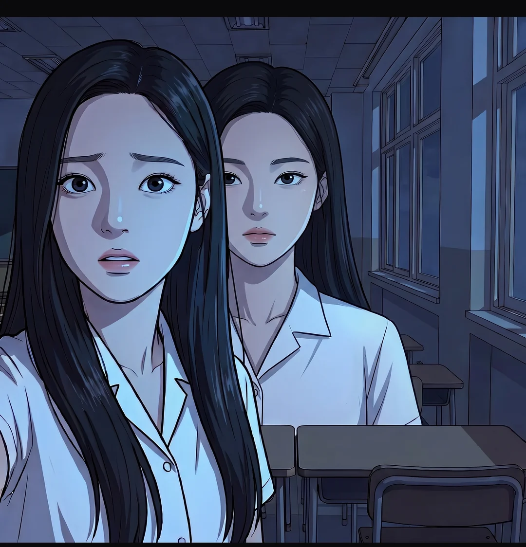 The fourth photo. The thing with Yena's face is right behind her shoulder. It has not touched her yet.