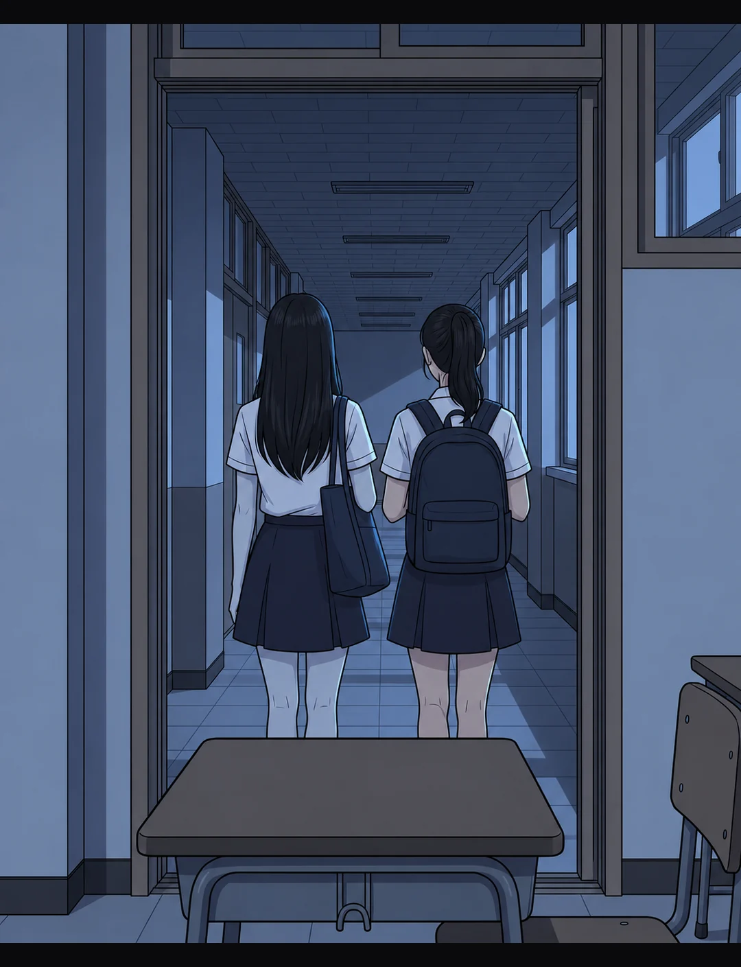 The long-haired double and Boram with her ponytail walk out into the cold corridor. The double's arms and legs are a pale blue-grey.