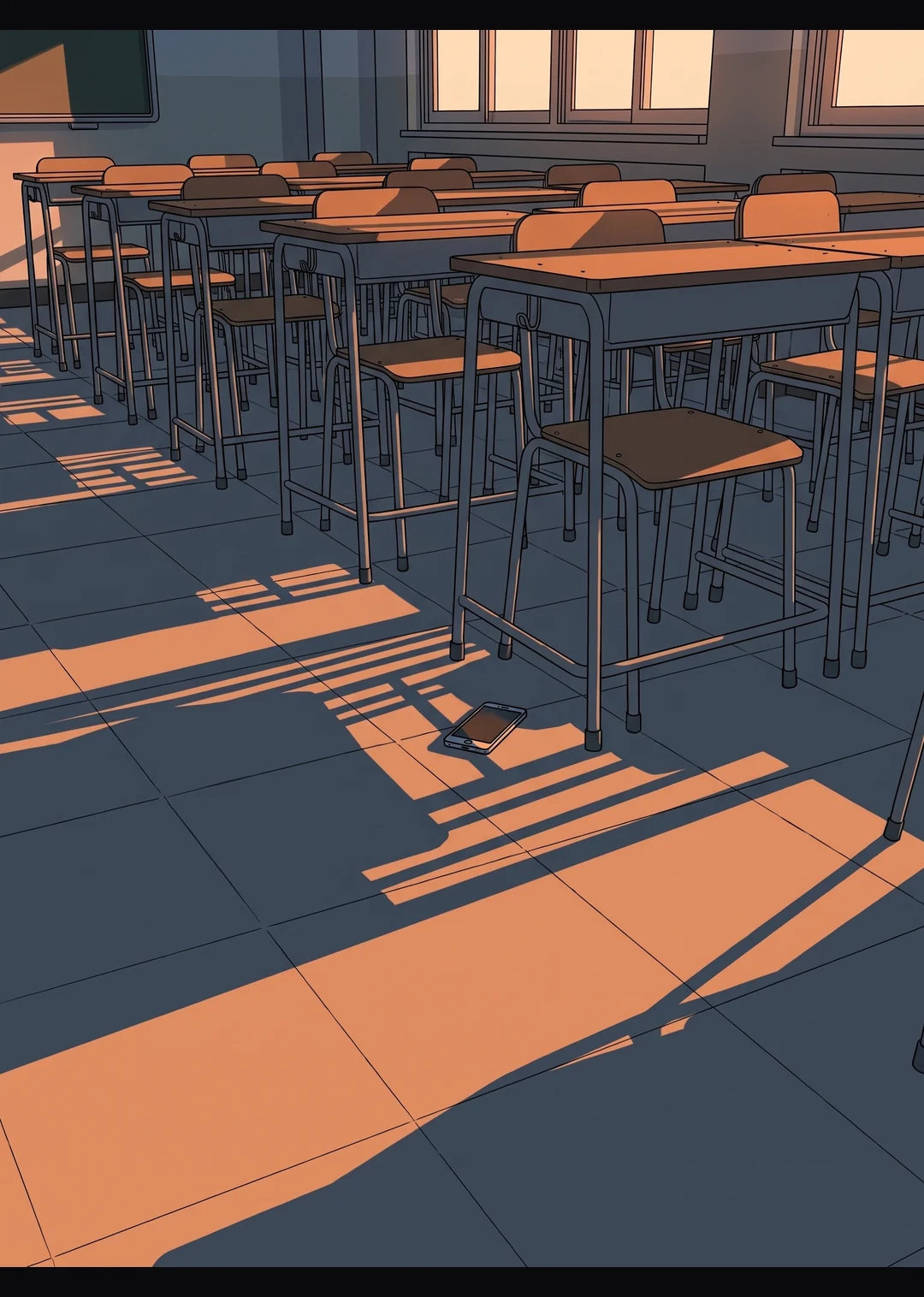 The empty classroom, the phone on the floor.