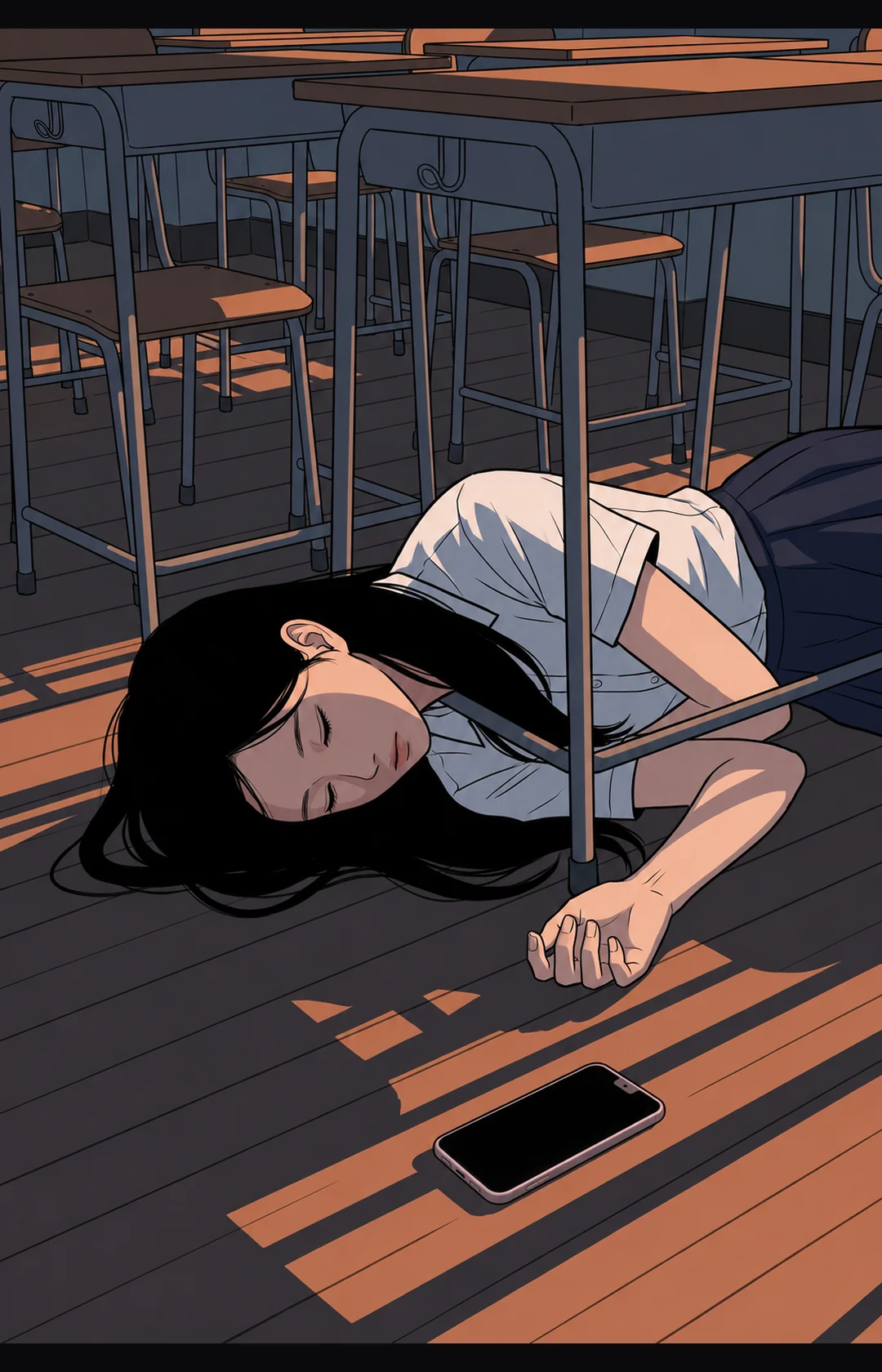 The classroom with the door shut. Under a desk, the real Yena's long hair, white sleeve and hand are still there. The phone screen beside her is dark.