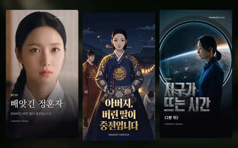 드라모리 스튜디오의 작품 포스터 세 장: 숏폼 사극 《아버지, 버린 딸이 중전입니다》 1화 〈빼앗긴 정혼자〉, 같은 이야기의 웹툰 표지, 단편 앤솔로지 《2분 뒤》 2화 〈지구가 뜨는 시간〉